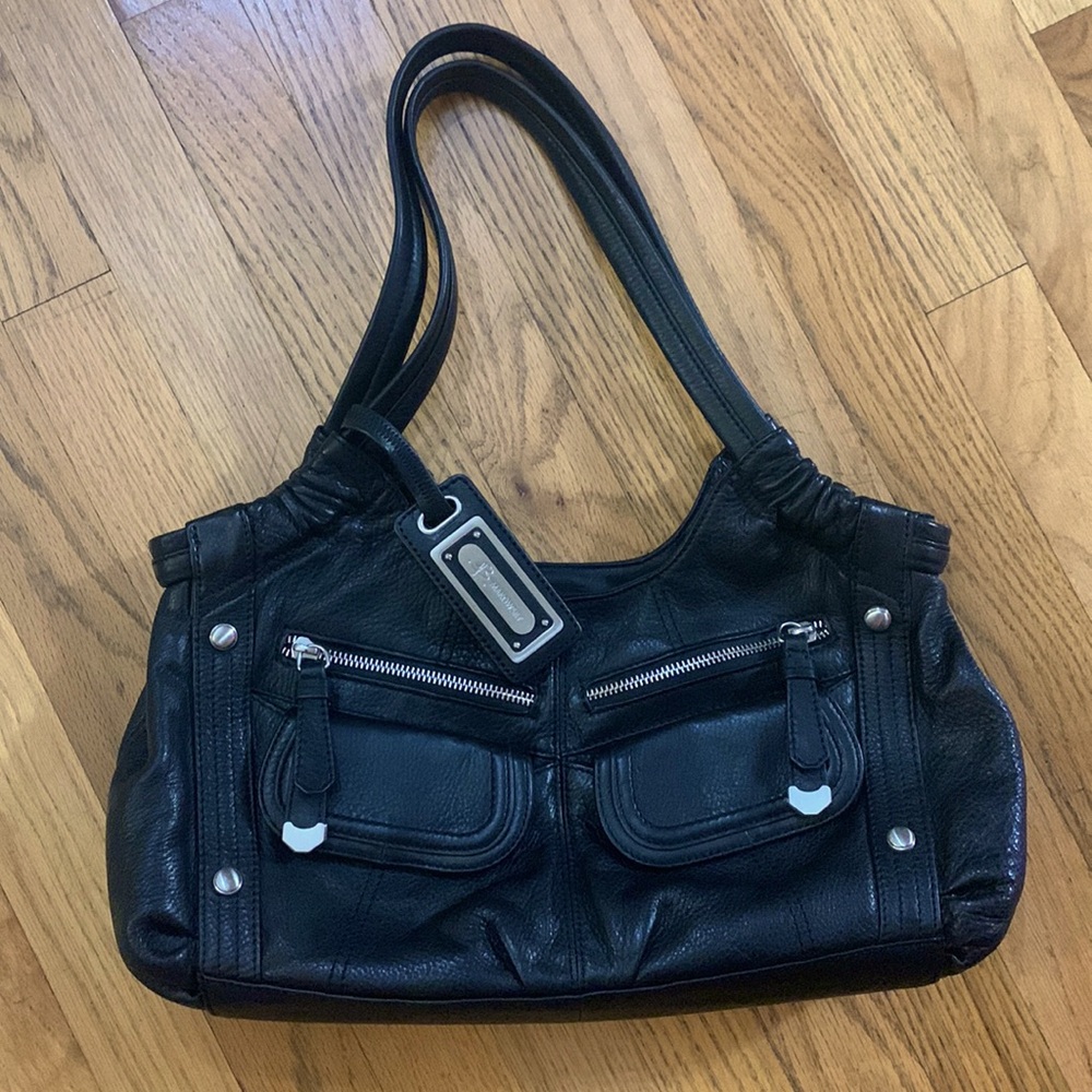 B. Makowsky Black Leather Duel Handle Shoulder Bag Purse